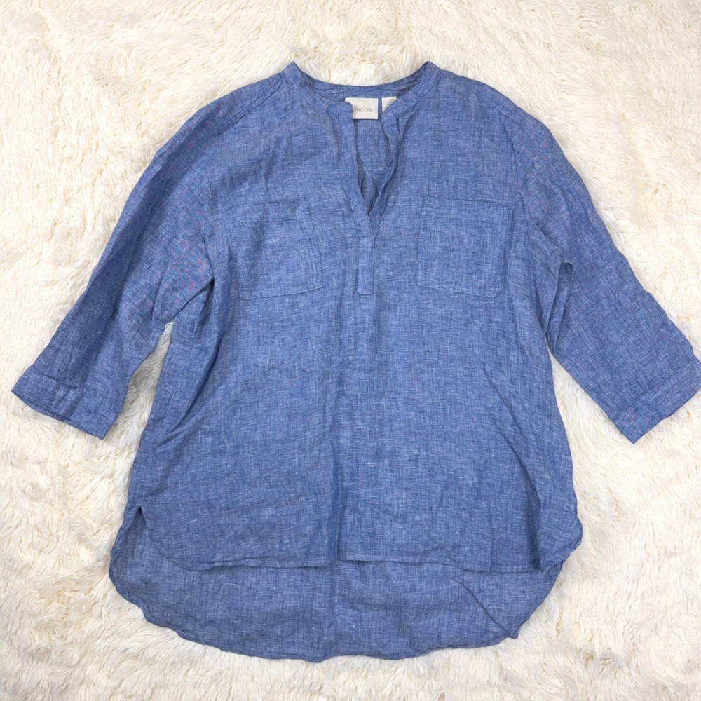 Chico's Linen Tunic Top Women Size 2 Medium Blue 3/4 Sleeve Split Neck Pockets